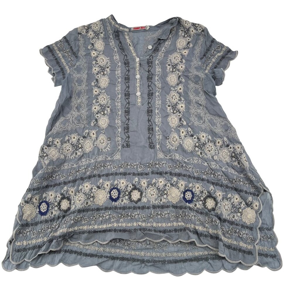 Johnny Was Gray Embroidered Floral Scalloped Hem Tunic Top S Cupra Rayon Womens